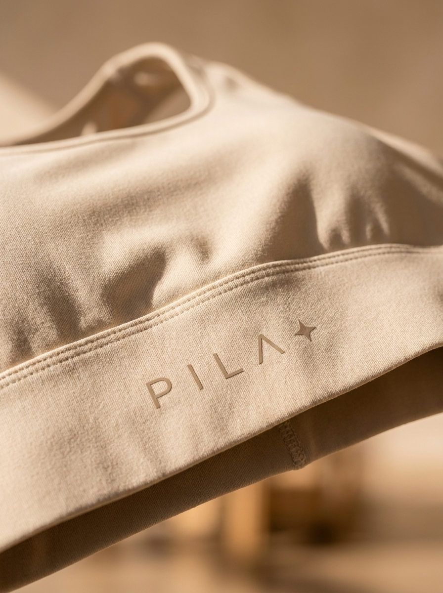 PILASTAR Sculpt Bra, Detailansicht des mittig platzierten P I L Λ Logos